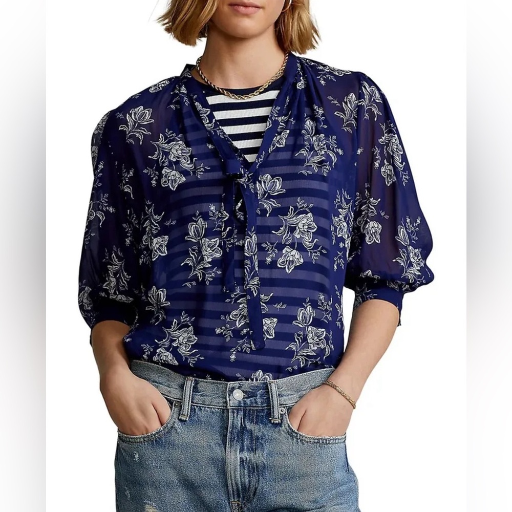 Polo Ralph Lauren Womens Viscose Floral-Print Tie-Neck Blouse Blue SZ. S/P NWT